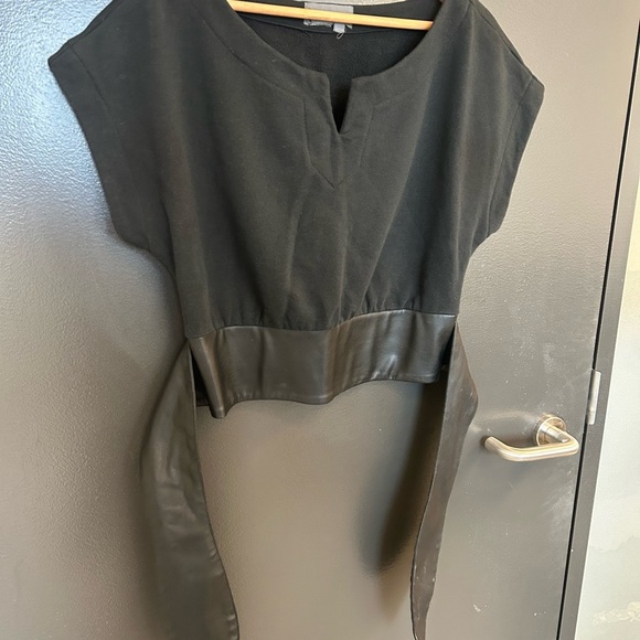 Anthropologie size S Black Top with Faux Leather Detail- GUC black cotton fades - Picture 3 of 12